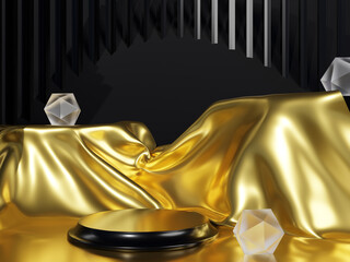 3d render of a stand on a golden background. Banner and pedestal design for product ad template