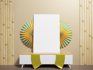 3d rendering of a dark fan wall poster with a wooden bedside table and yellow silk scarf..design in Japanese style.