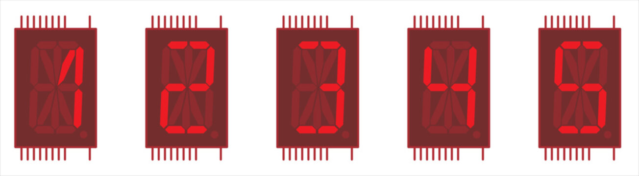 Vector image of a single-digit sixteen-segment
liquid crystal indicator chip in red color.
Displaying digits from one to five on
the screen of the sixteen segment
indicator microchip
