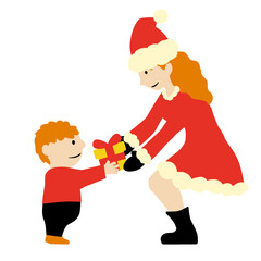 子供にプレゼントをあげるサンタの衣装を着た女性のイラスト