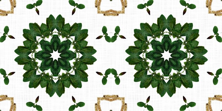  Foliage kaleidoscope seamless border pattern. Trendy optic fresh design for edging fabric. Geometric leaf abstract textile banner tape design. 