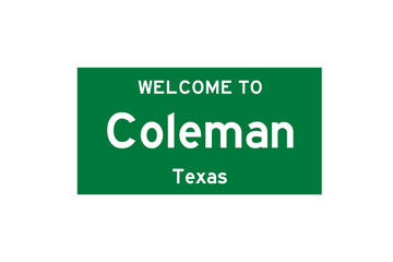 Coleman, Texas, USA. City limit sign on transparent background. 
