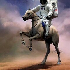 Obraz na płótnie Canvas An astronaut in a spacewalk suit rides a horse across an unknown planet. Far space.