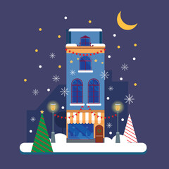 Christmas urban winter landscape in a flat style on a blue background. Landscape, nature, house, lanterns, Christmas trees, snowflakes, vector illustration. night city.
