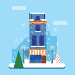 Christmas urban winter landscape in a flat style on a blue background. Landscape, nature, house, lanterns, Christmas trees, snowflakes, vector illustration. 