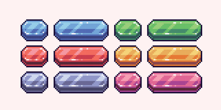 Crystal diamond buttons pixel art set. Colorful ice interface bar collection. Shining glass panel 8 bit sprite. Game development, mobile app.  Isolated vector illustration.