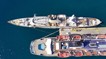 Aerial drone photo of Christina O famous yacht owned by Greek tycoon Aristotle Onassis anchored in...