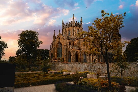 Dunfermline Abbey church in Scotland at sunset