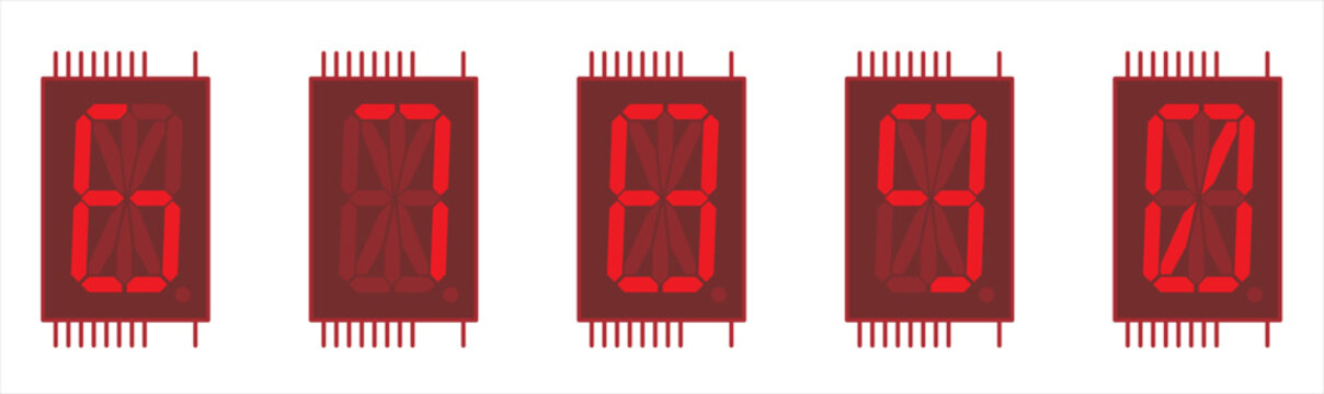 Vector image of a single-digit sixteen-segment
liquid crystal indicator chip in red color.
Displaying digits from six to nine and zero on
the screen of the sixteen segment
indicator microchip