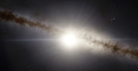 Sun rays and and Milky way galaxy 3d illustration background