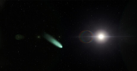 Sun and a comet. Sun rays and and a planet 3d illustration background