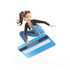 3d cartoon woman surfing on credit card