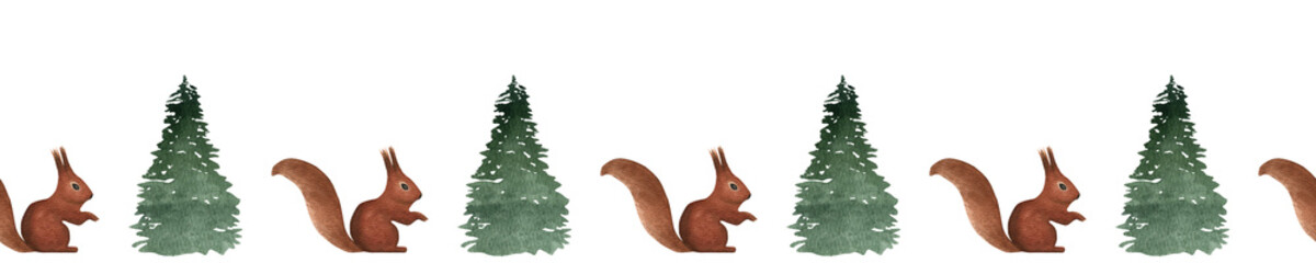 Watercolor border seamless with squirrel and spruce. Endless brush with forest and rodent. For Greeting card, invitation, tag and any design. Hand drawn.