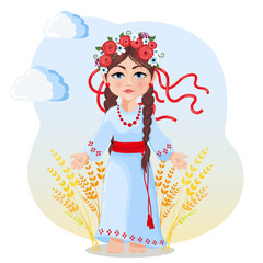 Girl in traditional Ukrainian clothes on the background with national symbols of wheat and sky. Stop the war. Vector illustration in national yellow and blue colors of Ukraine.