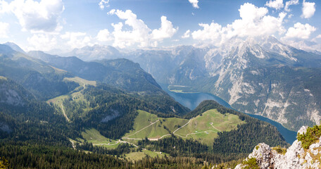 Picturesque mountain landscape with lake in the summer, large panorama of Berchtesgaden Alps