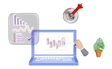 3d laptop computer with crystal keyboard, charts, graph, analysis business financial data, target, darts, businessman hand, magnifying glass, Online marketing isolated. 3d render illustration