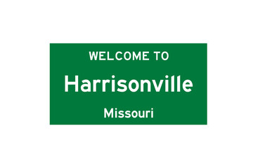 Harrisonville, Missouri, USA. City limit sign on transparent background. 