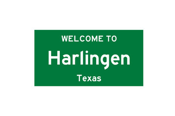 Harlingen, Texas, USA. City limit sign on transparent background. 