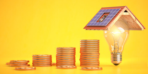 Stack of coins and  light bulb under a roof with solar panels.  Money saved  by using solar energy. - obrazy, fototapety, plakaty