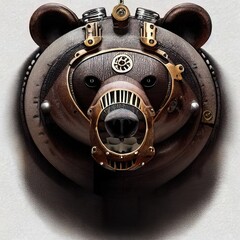 Close-up portrait of a futuristic bear. Abstract grizzly bear. Steampunk animal.