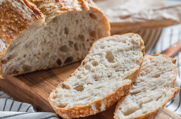 Sliced slices of fresh rustic bread on the table.