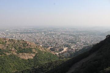 Aerial view of residential houses in Alwar city, Rajasthan. Top angle Drone shot, houses in a smart city, living in India.