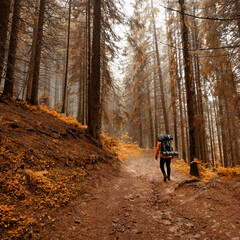 Fototapeta premium Tourist hike with large backpacks in the Carpathians. Autumn landscape in the forest.