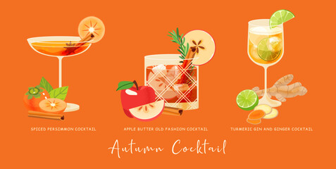 Autumn cocktails vector set. Fall fruit three drink glass with apple, lime, bourbon, persimmon, gin, ginger, turmeric, spice, whisky. Everything you need for party