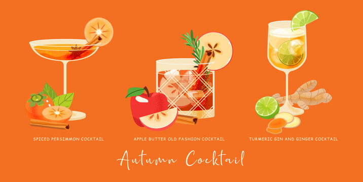 Autumn cocktails vector set. Fall fruit three drink glass with apple, lime, bourbon, persimmon, gin, ginger, turmeric, spice, whisky. Everything you need for party