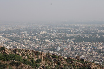 Aerial view of residential houses in Alwar city, Rajasthan. Top angle Drone shot, houses in a smart city, living in India.