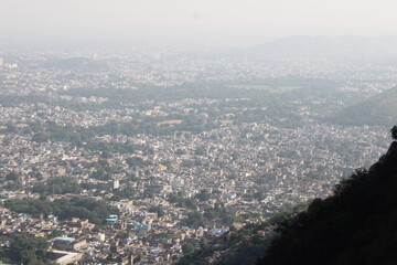 Aerial view of residential houses in Alwar city, Rajasthan. Top angle Drone shot, houses in a smart city, living in India.