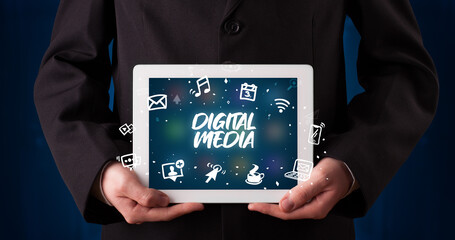 Person holding tablet, social network concept