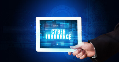 Person holding tablet, security concept