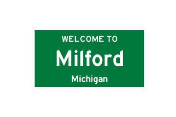 Milford, Michigan, USA. City limit sign on transparent background. 