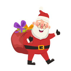 Funny vector Santa Claus carries a big bag with gifts. Vector graphic.	