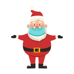 Funny vector Santa Claus in a medical mask with outstretched arms. Vector graphic.	