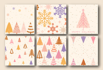 Fototapeta na wymiar Ornate Merry Christmas greeting cards. Trendy square Winter Holidays art templates. -- good for social media posts, posters and prints 
