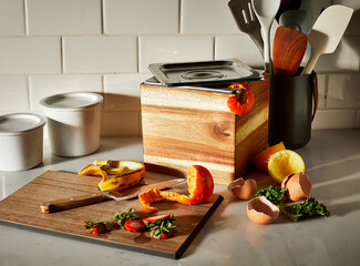 Compost bin on counter with food scraps