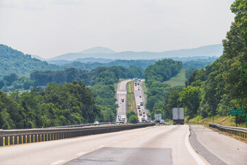 Virginia interstate highway i81 81 road with traffic cars trucks in summer, scenic view of Blue ridge mountains