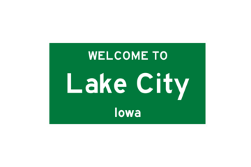 Lake City, Iowa, USA. City limit sign on transparent background. 
