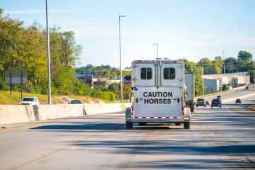 Transport trailer on truck hauling transporting horses livestock on highway road near Charleston,...