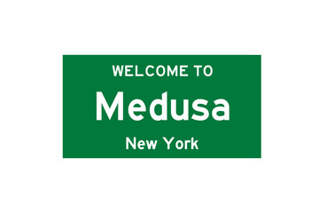 Medusa, New York, USA. City limit sign on transparent background. 