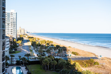 South Carolina seascape aerial high angle view from balcony at Myrtle Beach resort hotel condo...