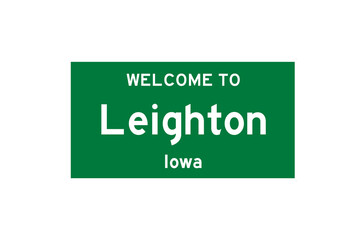 Leighton, Iowa, USA. City limit sign on transparent background. 