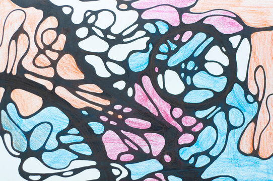 Hand drawn neurographic drawing. Neurographics is psychological method of changing the subconscious. Bright picture drawn with black marker and colored pencils. neuroart. Neuro modern. Abstract brain