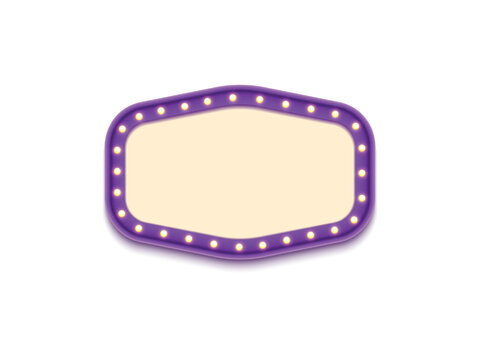 Antique shape marquee vintage 3d lightbox with glowing bulb. Purple color retro frame design vector illustration.