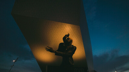 Naklejka na ściany i meble Portrait Of Black Guy Against Background Of Night Sky. Modern Building Behind Guy.
