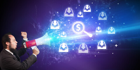 Young person with megaphone and business icon