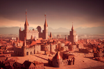 Fototapeta premium Miniature medieval village with castle, Illustration of a tabletop model