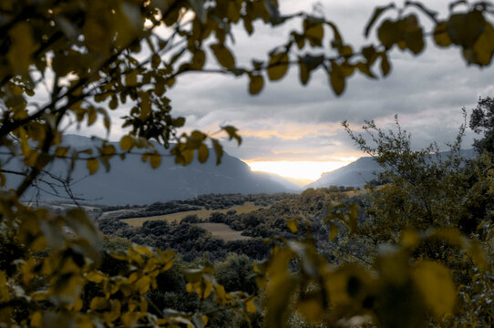 Landscape at sunset with the mountains of Sobron in the background, Araba - Alava, Basque Country.
